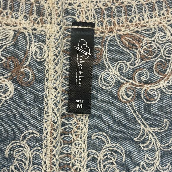 Indigo & Lace Boho Embroidered Denim Jacket Sz M Romantic Crochet Cottage Folksy - Picture 9 of 11